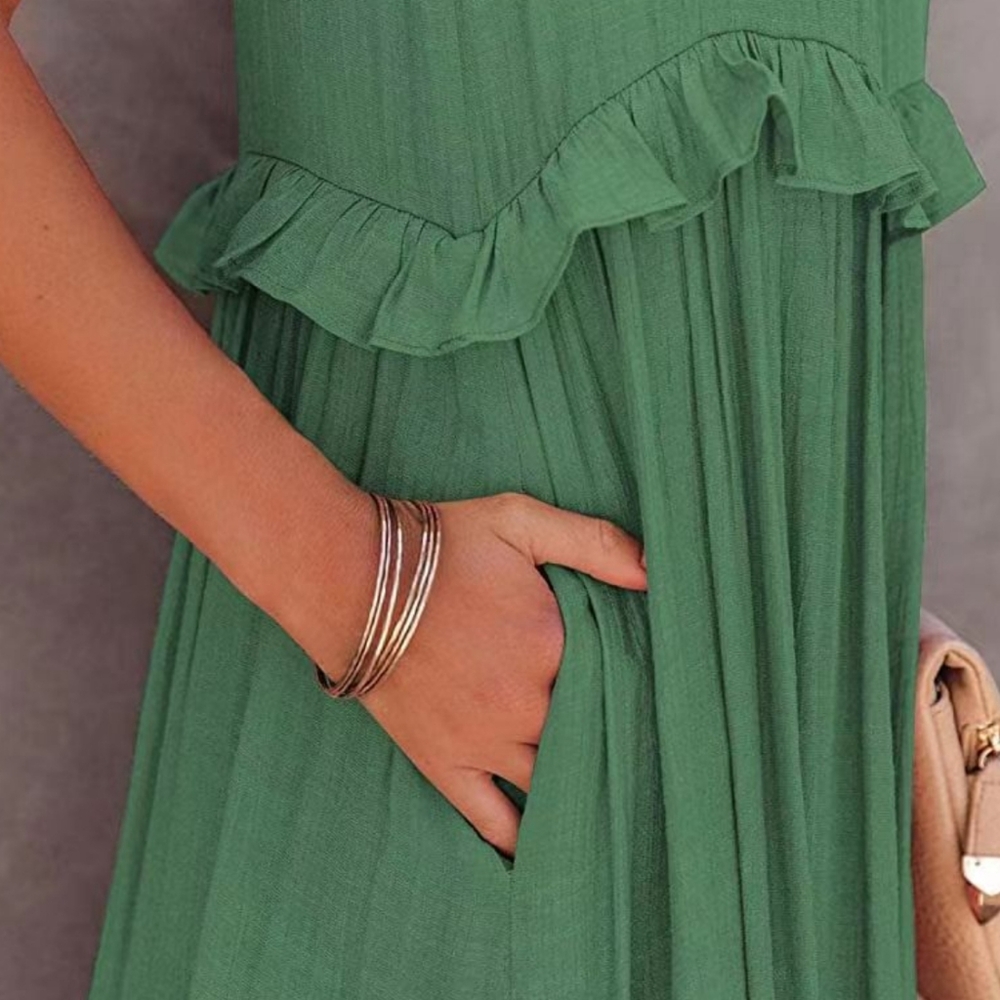 Green Ruffled Sleeveless Tiered Maxi Dress with Pockets - Picture 4 of 13